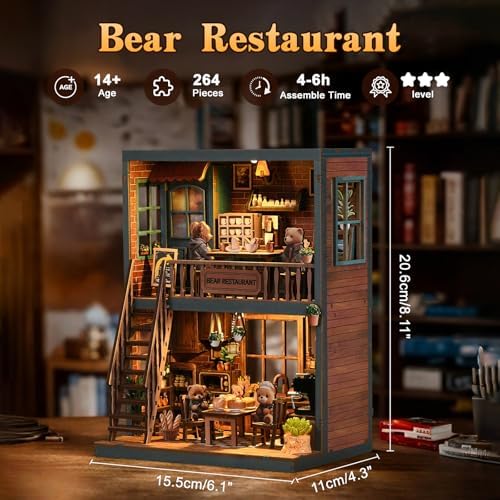 Book Nook Kit for Adults, DIY Miniature House Kits, Bear Restaurant 3D Wooden Dollhouse with Sensor LED Light, DIY Building House Bookend Model Craft, Home Bookshelf Decor Birthday Gift - Image 2