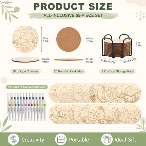 Wooden Drink Coasters Kits for Adults, 65 Pcs Paint Your Own Set with 24 Markers, 20 Coasters, 20 Cork Mats, 1 Holder(Landscape) - Image 2