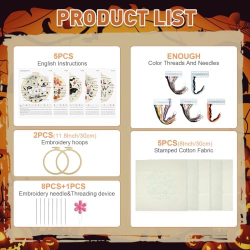 ElasignShopo 5 Sets Halloween Embroidery Kit for Adult Beginners Pumpkin Bat Embroidery Starter Kit Halloween Cross Stitch Kits Needlepoint Kits Includes Instruction 2 Hoops Color Threads Needles - Image 2