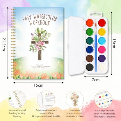 Christian Gift, Christian Cross Watercolor Workbook, Floral Cross Water Coloring Book with 12 Different Floral Paintings Designs, Watercolor Book with Palette and Brush, Relaxing Art for Beginners - Image 2