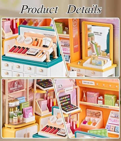 Makeup Store DIY Miniature House Kit with Roof & LED Light, Stackable & Connectable Dollhouse Kit with Dustproof Doors, Creative DIY Crafts Building Toy Gift for Adults Teens - Image 3