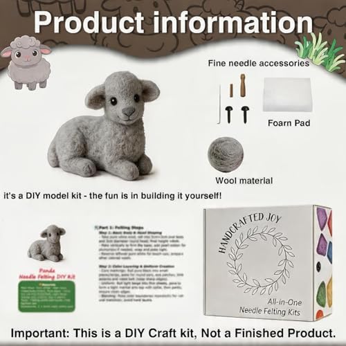 DIY Needle Felting Kit Cute Gray Lamb Lying – Needle Felting Starter Kit with Fiber Roving, Needles, Felting Pad & Instructions | Felted Farm Animal Kit for Beginners Adults | DIY Craft Gift - Image 3