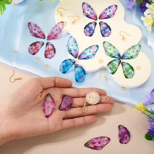 FASHEWELRY 20Pcs Resin Feather Wing Charms Mixed Color Flower Prints Fairy Wing Earring Pendants Colorful Butterfly Charms with Gold Foil for Jewelry Making - Earring Hooks & Jump Rings - Image 6