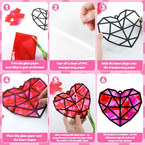 32 Sets Heart Suncatchers Craft Kit for Valentine's Day DIY Window Stained Glass Paper Pink Love Home School Classroom Decor Valentines Art Craft Creative Activity Project Kid Christmas Gift Favor - Image 3