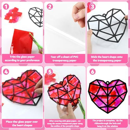 32 Sets Heart Suncatchers Craft Kit for Valentine's Day DIY Window Stained Glass Paper Pink Love Home School Classroom Decor Valentines Art Craft Creative Activity Project Kid Christmas Gift Favor - Image 3