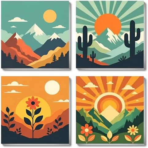 4 Pack Framed Paint by Numbers Kit for for All Ages Adults & Beginner and Kids, Easy Sunset Landscape Paint by Number with Canvas Paints Brushes, Acrylic Oil Painting Arts Crafts for Decor 8 x 8 Inch by Fotasmua