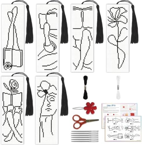 ACRNIGHEET 6PCS Cross Stitch Bookmark Kit for Beginner Stamped Cross Stitch Kits for Adults Abstract DIY Tassel Embroidery Bookmark Kits Needlepoint Kit with Instructions Craft Gift 8.5''x3'' 11CT by ACRNIGHEET