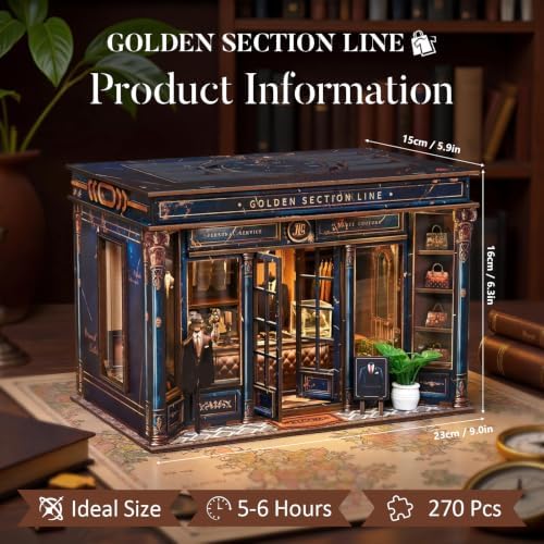 fifijoy DIY Miniature Dollhouse Kit - 3D Wooden Puzzle Book Nook Kit with LED Light, Miniature House Bookshelf Insert Decor for Adults, Creative Gift for Family and Friends (Golden Section Line) - Image 4