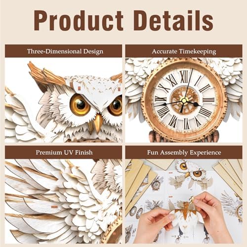 3D Puzzles for Adults, Snowy Owl Wall Clock 3D Wooden Puzzles Clock Kits for DIY Birthday Gift for Women Men Home Decor Holiday Christmas - Image 3