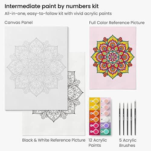 ARTEZA Paint by Number for Adults, 12x16 Inches, 21 Pieces, Mandala Paint by Numbers Kit, Comes with 1 Canvas Panel, 12 Acrylic Paint Pots, 5 Paintbrushes, Art Supplies for Home & Office Wall Decor - Image 3