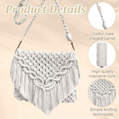 INFUNLY White DIY Macrame Bag Making Kit Boho Macrame Shoulder Bag with Tassels Macrame Knotting Tote Bag Kit for Adults Beginners Macrame Kit for Holiday with Video Instruction for Women Beach Gift - Image 3