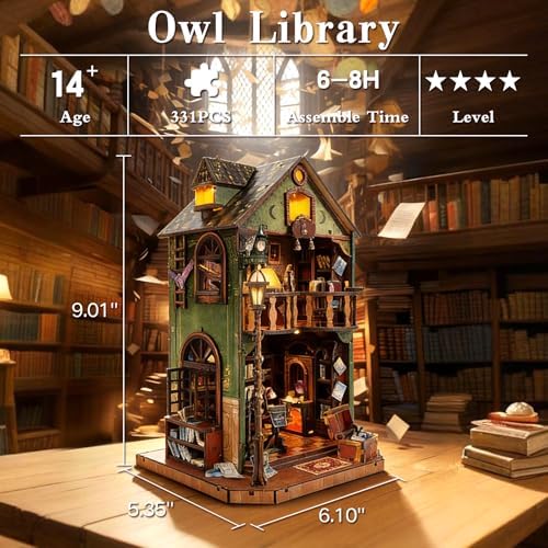 Book Nook DIY Miniature House Kit, 3D Wooden Puzzle Coffee House Dollhouse with Light & Tools, Creative Bookshelf Insert Craft Gifts for Adults Teens (Owl Library) - Image 2