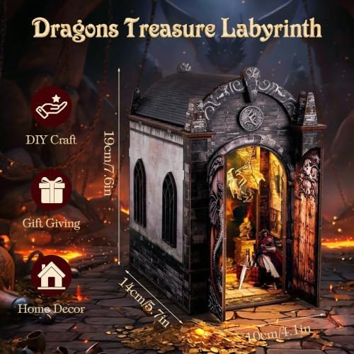 Book Nook Kit for Adult, Dragon LED 3D Wood Puzzle Bookshelf Decor - Image 2