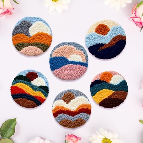 Starter Needle Coasters Kit, Punch Needle Embroidery DIY Set for Beginners Adults, Easy Coasters Kit with Adhesive Felt, Yarns, Embroidery Hoop (Multi landscape1) - Image 4