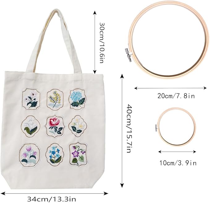 SUPBRAIN Embroidery kit, Canvas Tote Bag Embroidery Kit, Include Stamped Flower Pattern, Hoop, Color Threads and Tool, Suitable for Beginners, Adults Arts and DIY Crafts Kits (White)