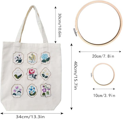 SUPBRAIN Embroidery kit, Canvas Tote Bag Embroidery Kit, Include Stamped Flower Pattern, Hoop, Color Threads and Tool, Suitable for Beginners, Adults Arts and DIY Crafts Kits (White)