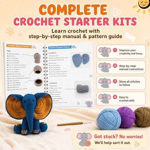 JYZJDKE Crochet Kit for Beginners Adults - DIY Amigurumi Elephant Knitting Starter Kit with Yarn Sets, Crochet Animal Kit Cute Stuffed Animal Craft Birthday Gifts (Dark Blue+Ginger Elephant) - Image 5