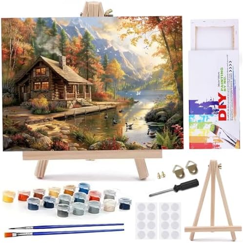 MaiMMaledy Paint by Numbers Kit for Adults Beginners 8Wx12L inch Canvas Pictures with Framed Drawing Painting Works with Wooden Triangle Easel Acrylic Pigment Vase Decoration Riverside Scenery by MaiMMaledy
