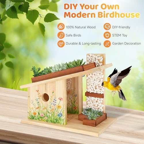 Modern Birdhouse Woodworking Kit, Natural Cedar Wooden birdhouses for Outdoors with Paint Set, Creative DIY Birdhouse Gift, Build Your Own Bird House Kit - Image 5