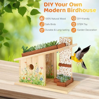 Modern Birdhouse Woodworking Kit, Natural Cedar Wooden birdhouses for Outdoors with Paint Set, Creative DIY Birdhouse Gift, Build Your Own Bird House Kit - Image 5