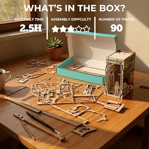 Space World Book Nook Kit, Astronaut 90-Piece DIY Miniature LED Doll House, 3D Wooden Puzzle BookNook Kit for Adults, Tiny Home Model Building Kit for Book Lovers & Beginners, Bookshelf Decor - Image 3