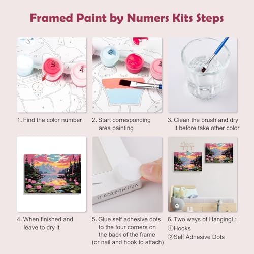 MOGTAA Landscape Paint by Numbers Kit for Adults Beginners with Frame, Flowers Lake Adult Paint by Number Kits on Canvas with Easel, Easy DIY Sunset Oil Painting Kits for Home Decor, 8x12in - Image 6