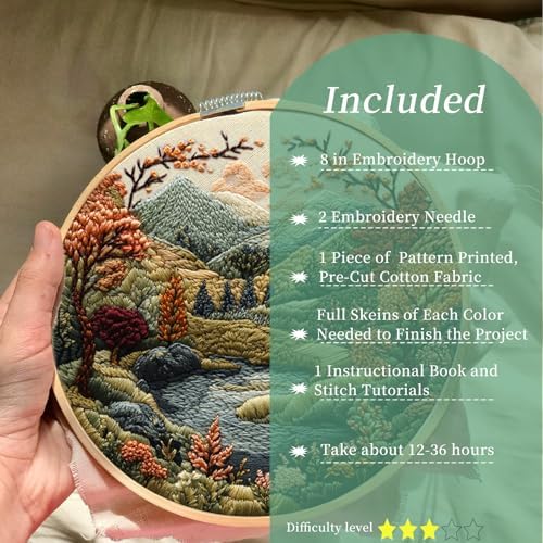 FONNUY Embroidery Kit for Beginners, Boho Nature Landscape Pre-Stamped Pattern Kits for Adults with Hoop, Easy to Follow Color Thread Needlework, 8'' Hoop (Flowers Hills) - Image 2
