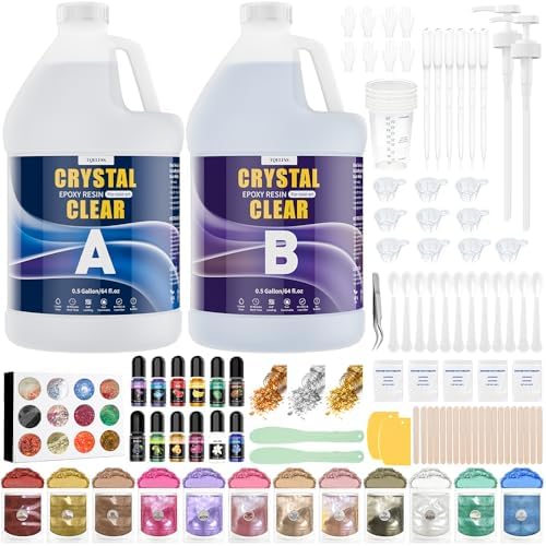 Epoxy Resin 1 Gal-Transparent Epoxy Resin Kit,Include 12 Pigments,Mica Powder and Glitter,-Clear,Low Odor,Bubble Free,Suitable for Jewelry Making,Handicrafts,Table Tops and Resin Molds (0.5gal*2) by Unknown