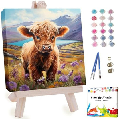 Artunion Framed Paint by Numbers Kit for Adults Beginners & Kids Ages 8-12,Highland Cow Paint by Number with Frame,Cow Animal Paint by Numbers Kit on Canvas 10 * 10 Inch Without Easel by ArtunionDriect