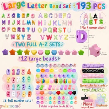 pwlsmomo Large Bubble Letter Beads Keychain Making Kit, 193 PCS Acrylic Bead Set with 2 A-Z Sets, 8 Extra Letters, Number Beads and Large Hole Accents for Bag and Phone Charms（Pastel & Bright） - Image 2