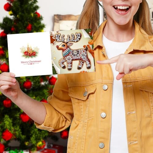 jinglinhh 6pcs Diamond Art Painting Christmas Deer Sled Poinsettia Bell Greeting Cards with Envelopes, DIY Card Making Kits for Adults, Diamond Art Postcards Holiday Cards Craft Gifts - Image 6