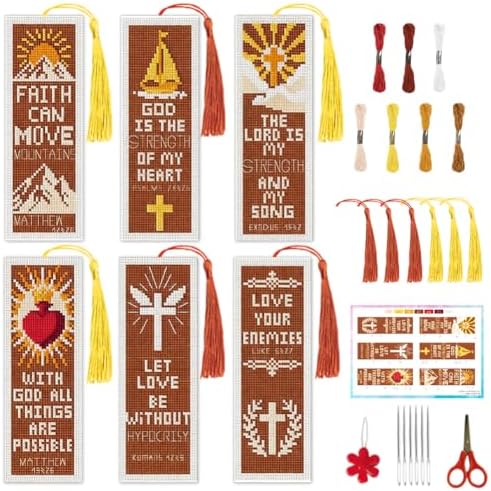 INFUNLY 6-Pack Bible Verse Cross Stitch Bookmark Kit 3x8.5 Inch Cotton-Linen Pre-Printed Pattern DIY Embroidery Craft Set with Felt Backing for Church Gift Home Hobby Book Lovers Readers by INFUNLY