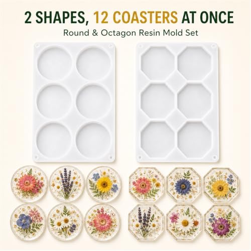 2 Pack Coaster Molds for Epoxy Resin, Round and Octagon Silicone Molds - Image 2