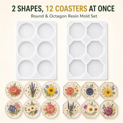 2 Pack Coaster Molds for Epoxy Resin, Round and Octagon Silicone Molds - Image 2