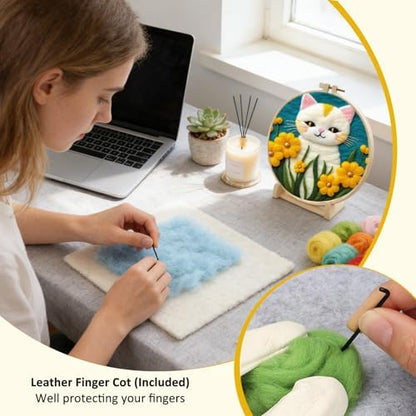 Zovylks Needle Felting Kit for Adults, 7.9 Inch Wool Felt Painting DIY Craft Set for Beginners, Needle Felt Starter Kit with Picture Frame, Foam Pad, Finger Cot (White Cat) - Image 5