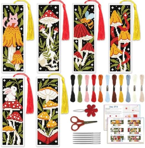 ACRNIGHEET 6PCS Cross Stitch Bookmark Kit for Beginner Stamped Cross Stitch Kits for Adults Mushroom DIY Tassel Embroidery Bookmark Kits Needlepoint Kit with Instructions Craft Gift 8.5''x3'' 11CT by ACRNIGHEET