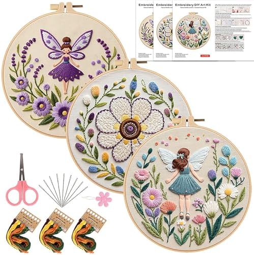 Vereela 3 Pack Fairy & Flower Embroidery Kit for Beginners - DIY Cross Stitch Starter Set with Hoop, Threads, Needles, Scissors & Instructions - Art Craft Gift for Adults & Teens by Unknown