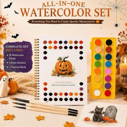 Halloween Pumpkin Watercolor Workbook, 16 Colors, 3 Brushes - Image 2