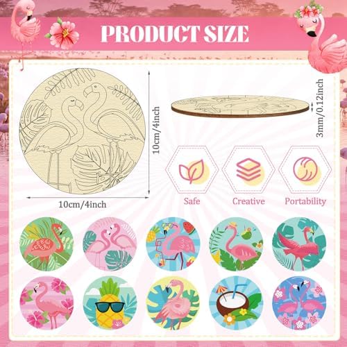 Reallnaive 45 Pcs Flamingo Wooden Coasters Painting Kit, 4 Inch Paint Your Own Summer Coasters with Markers, Summer Arts and Crafts for Adults Women Seniors Elderly Crafters - Image 2
