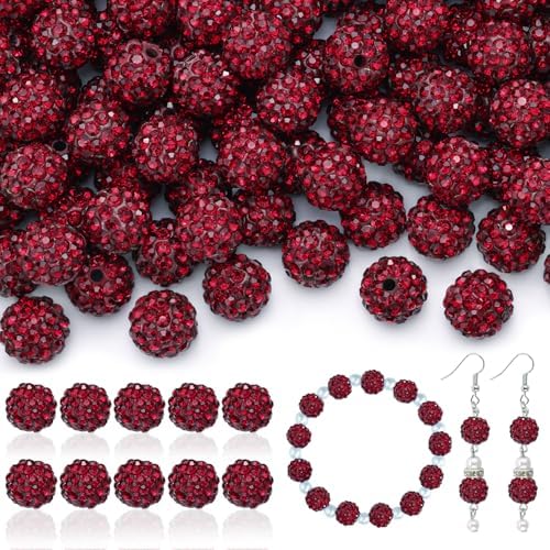 200pcs 10mm Rhinestone Beads for Jewelry Making, Dark Red Shiny Round Disco Ball Beads Bulk, Sparkle Crystal Clay Christmas for Bracelet Baseball Necklace Earring Crafting and DIY by TINKRSTUFF