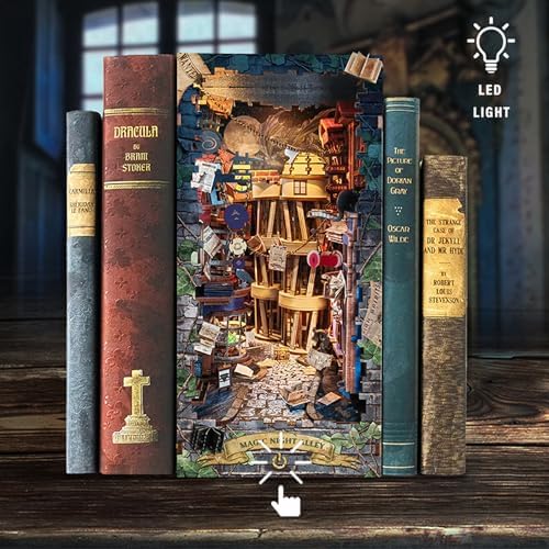 Magic Book Nook Kit - DIY Miniature Dollhouse Kit for Adults Teens,3D Wooden Puzzle Bookshelf Insert Decor,Gifts for Family Friends -Magic Night Alley(SQ-16) - Image 2