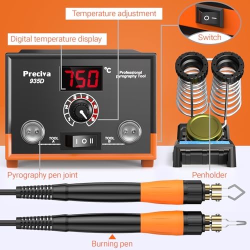 Preciva 935D Wood Burning Kit, Adjustable Temperature Wood Burner Tool with Dual Pens, Dual-Barrel Holder,Digital Display, 20 Interchangeable Wood Burner Tips & 20 Wooden Blocks for Pyrography Art - Image 7