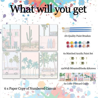 Tucocoo Scenery Paint by Numbers Kit for Adults, Pink 6 Pack Adults' Paint-by-Number Kits for Beginner Acrylic On Canvas Landscape DIY Oil Painting Kit for Gift Home Wall Decor 8x12 Inch (Frameless) - Image 4