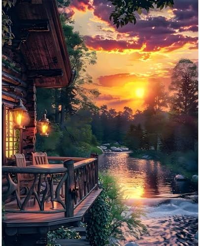 Paint by Numbers Kit for Adults, Sunset Cabin Number Painting Canvas Kit by CamocinDIYKit