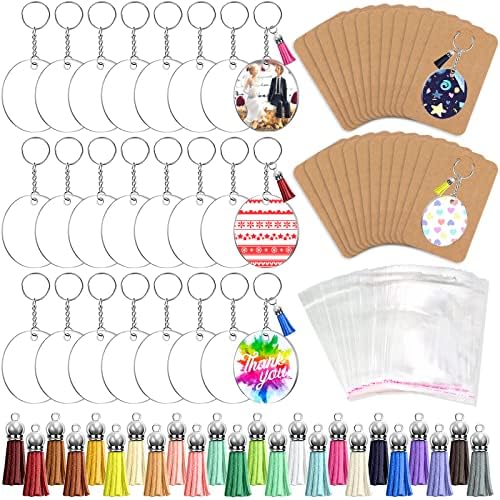 ZOCONE 144 PCS 2 INCH Acrylic Keychain Blanks Set, Clear Circle Acrylic Blank Bulk with Keychain Ring, Display Card, Packing Bag, Jump Rings, Tassels for Vinyl DIY Keychain Earring and Craft Project by ZOCONE
