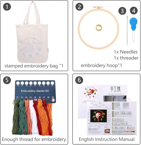 CREAWONDER Canvas Tote Bag Embroidery Kit with Pattern for Beginners, Arts and DIY Embroidery Crafts Kits for Adults, Include Instructions, Thimble, Embroidery Hoops, Color Threads and Tool - Image 4