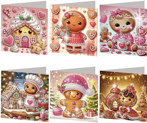 FRANDEK 6pcs Pink Gingerbread Men Diamond Art Painting Greeting Cards, Handmade DIY Gem Art Kit with Rhinestones, Diamond Dots Postcards for Birthdays, Holiday Thoughtful Gift for Adults by FRANDEK