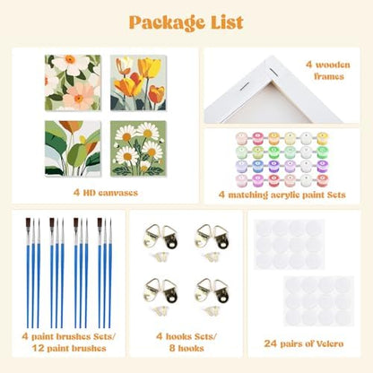 MXJSUA 4 Pack Flowers Green Plant Framed Paint by Numbers Kit with Canvas for Adults Beginner, DIY Acrylic Oil Painting Kits with Brushes for Home Wall Decor Gift (8x8 inch) - Image 3