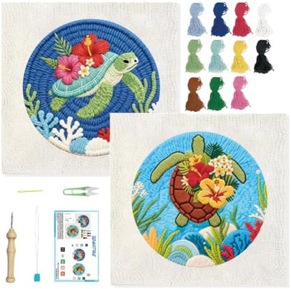 BEUNITONE 2PCS Punch Needle Kits with Sea Turtle Pre-Print Pattern Easy for Beginners, DIY Craft Embroidery Needlepoint Kits for Adults with Hoop Punch Needle Set for Craft Lovers Home Decor 7.9x7.9 by BEUNITONE