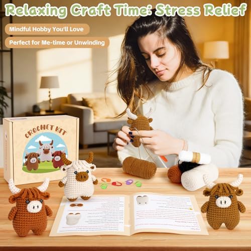 Fortuning's JDS Crochet Kit for Beginners - Crochet Highland Cow Beginner Crochet Kit for Adults, Complete Scottish Cow Crochet Animal Kits, Easy Crocheting Knitting Starter Kits Gifts - Image 6